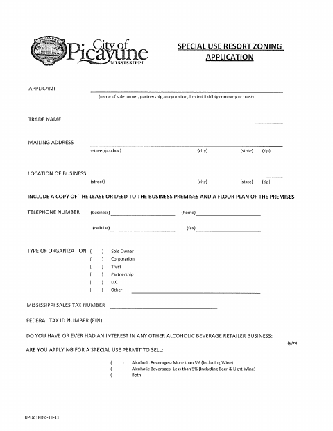 First page of the Special Use Resort Zoning Application