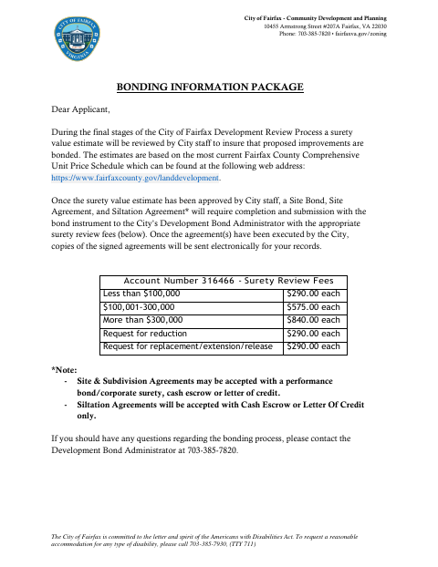 Bonding Information Package, City of Fairfax form, first page