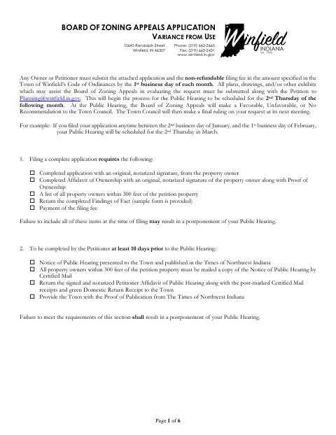 First page of the Board of Zoning Appeals Application for Variance from Use