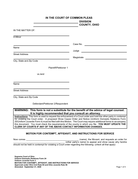 Motion for Contempt, Affidavit, and Instructions for Service, Miami County form, first page