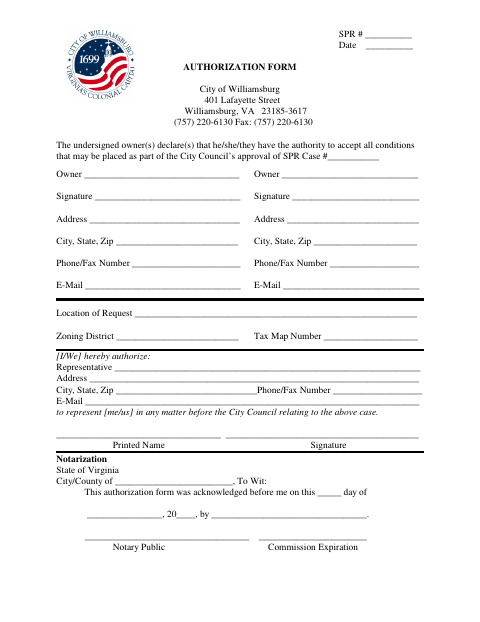 Authorization Form, City of Williamsburg form, first page