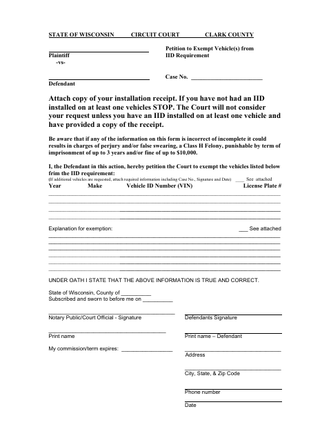 Petition to Exempt Vehicles from Ignition Interlock Requirement, Clark County form, first page