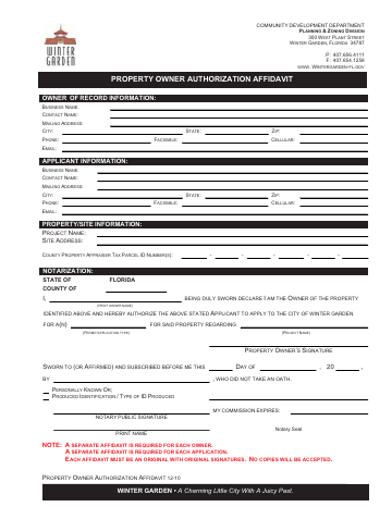 First page of the Property Owner Authorization Affidavit
