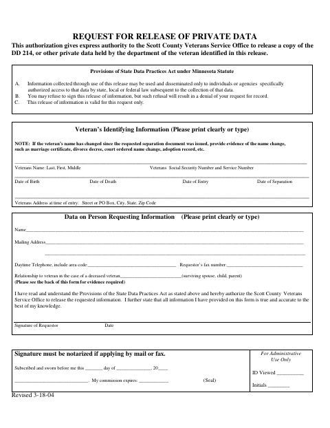Request for Release of Private Data, Scott County form, first page
