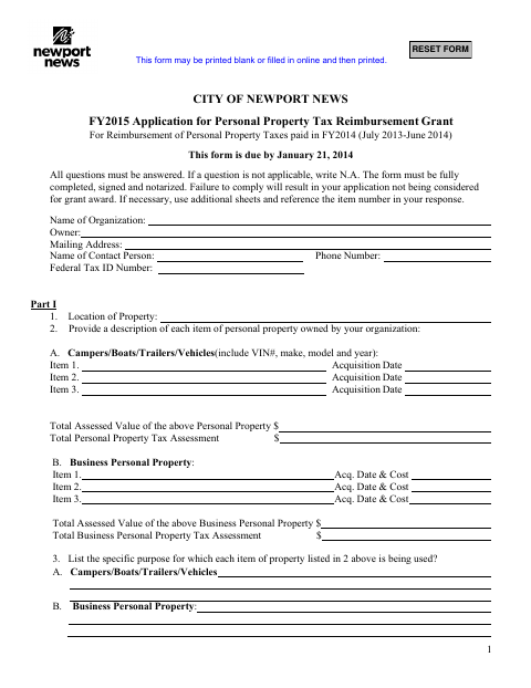 Application For Personal Property Tax Reimbursement Grant, City of Newport News form, first page