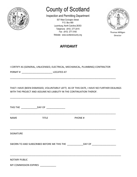 Affidavit For Contractors Leaving a Project, Scotland County form, first page