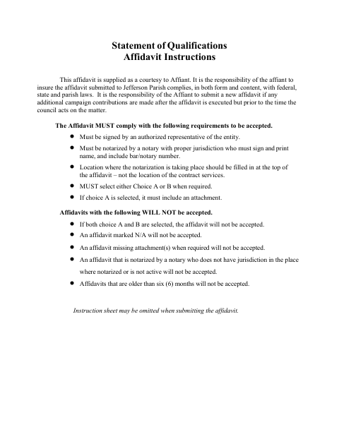 Statement of Qualifications Affidavit, Jefferson Parish form, first page