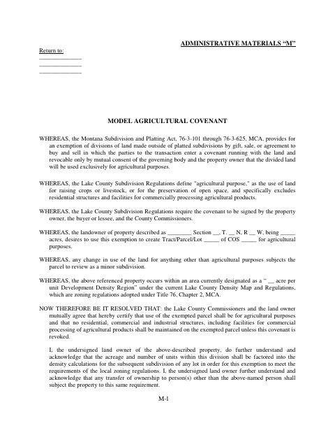 Agricultural Covenant, Lake County form, first page
