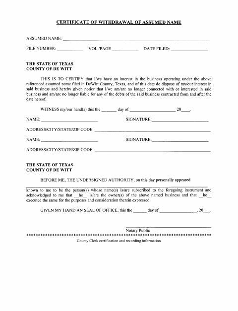 Certificate of Withdrawal of Assumed Name, DeWitt County form, first page