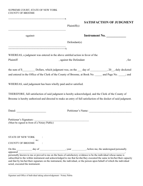 Satisfaction of Judgment, Broome County form, first page