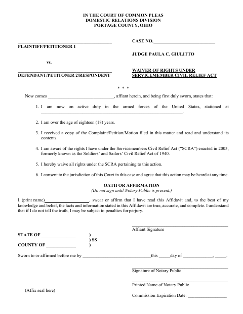 Waiver of Rights Under Servicemembers Civil Relief Act, Portage County form, first page
