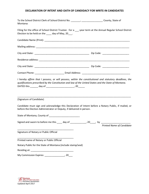 Declaration of Intent and Oath of Candidacy for Write-In Candidates, Lake County form, first page