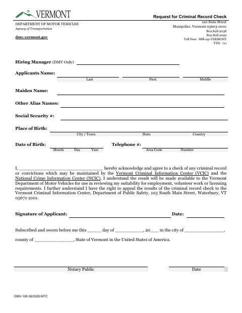 DMV-108 Criminal Record Check Request first page