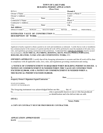 First page of the Town of Lake Park Building Permit Application