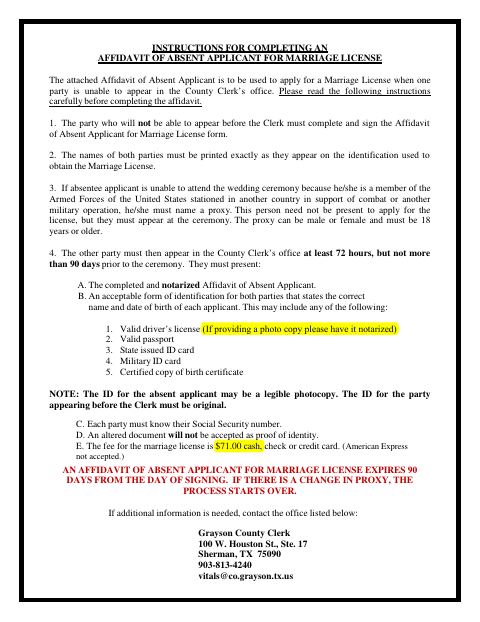 Affidavit of Absent Applicant for Marriage License, Grayson County form, first page