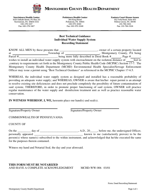 Water Supply System Recording Statement, Montgomery County form, first page