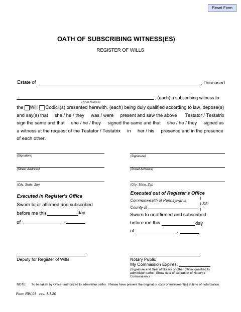 Oath of Subscribing Witnesses, Butler County form, first page