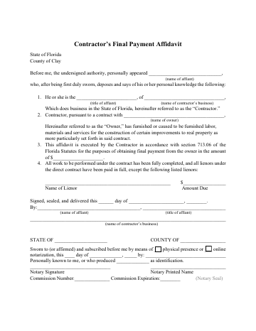 Contractor's Final Payment Affidavit — Clay County form, first page
