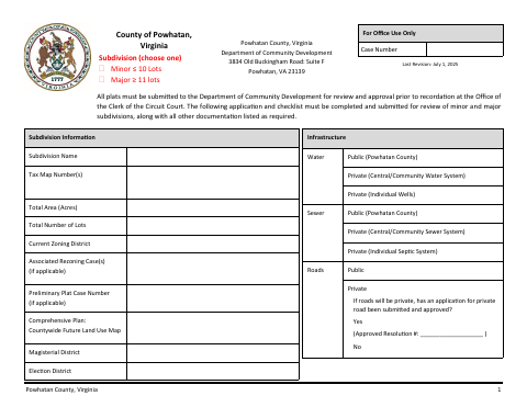 Subdivision Application and Checklist, Powhatan County form, first page