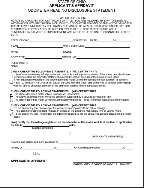 Applicant’s Affidavit Odometer Reading Disclosure Statement, Lucas County form, first page