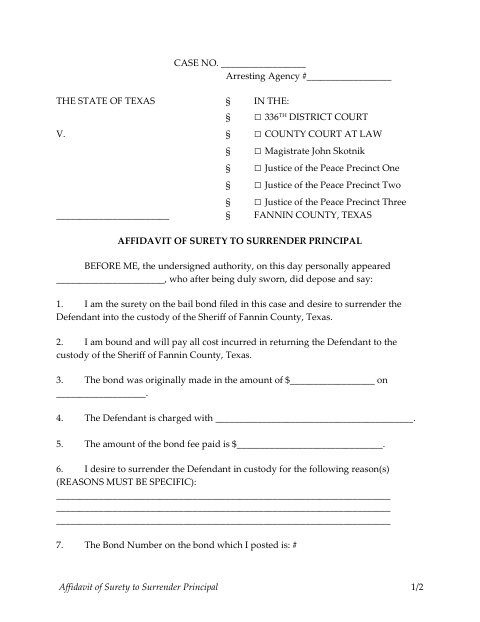 Affidavit of Surety to Surrender Principal, Fannin County form, first page