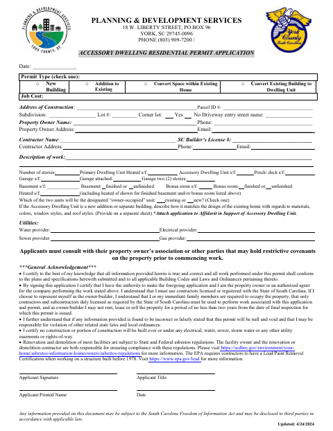 Accessory Dwelling Residential Permit Application, York County form, first page