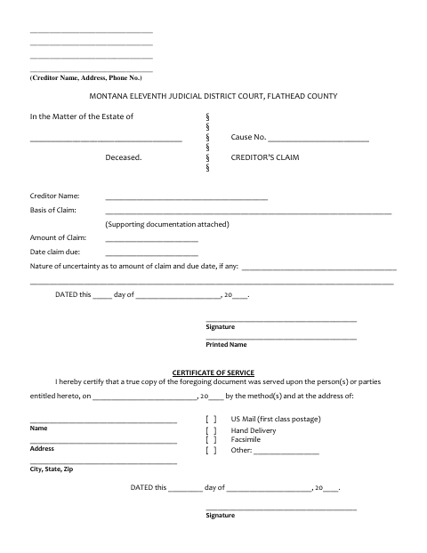 First page of the Creditor’s Claim