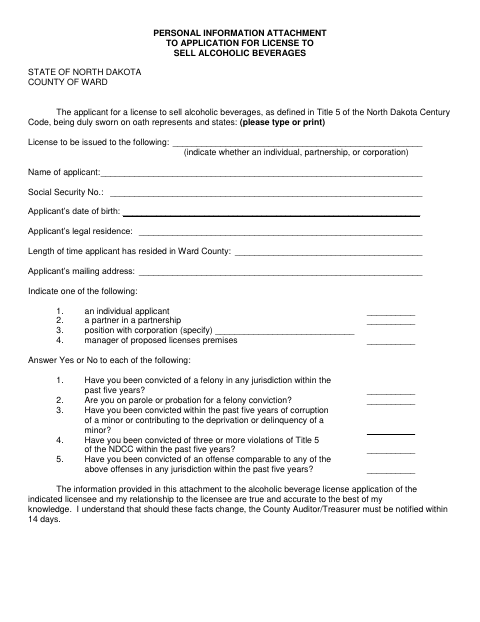 Personal Information Attachment to Application for License to Sell Alcoholic Beverages, Ward County form, first page