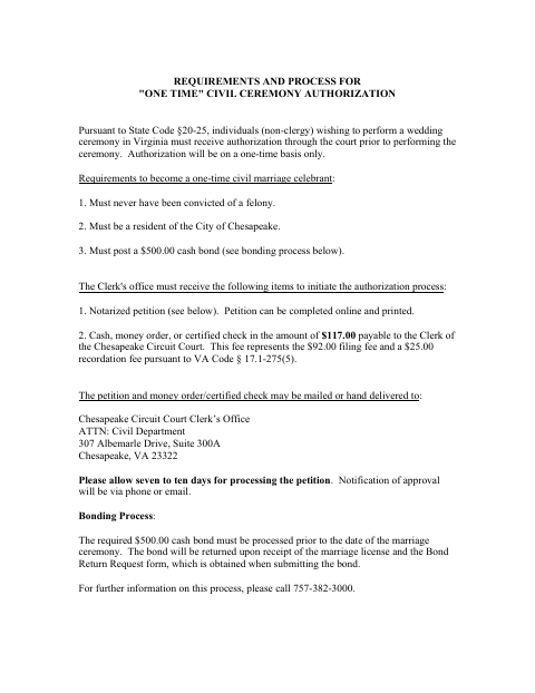 Petition to Perform One-Time Civil Marriage Ceremony, City of Chesapeake form, first page