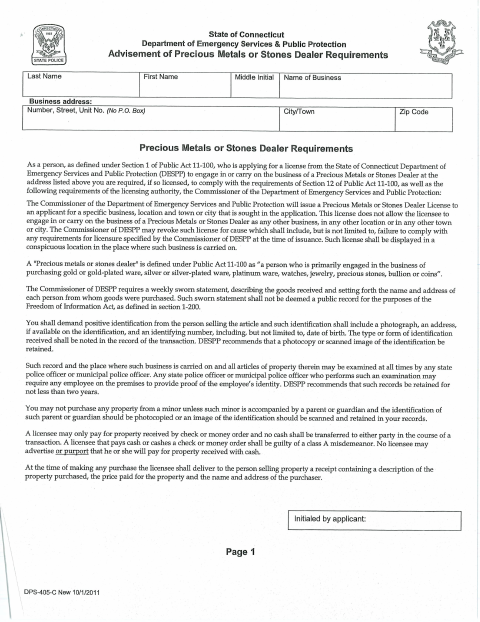 First page of the Precious Metals or Stones Dealer Application