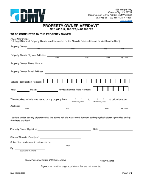 NVL 025 Property Owner Affidavit first page