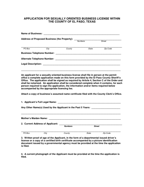 Application For Sexually Oriented Business License, El Paso County form, first page