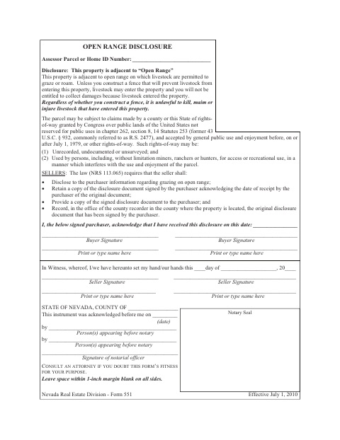 Open Range Disclosure, Nye County form, first page