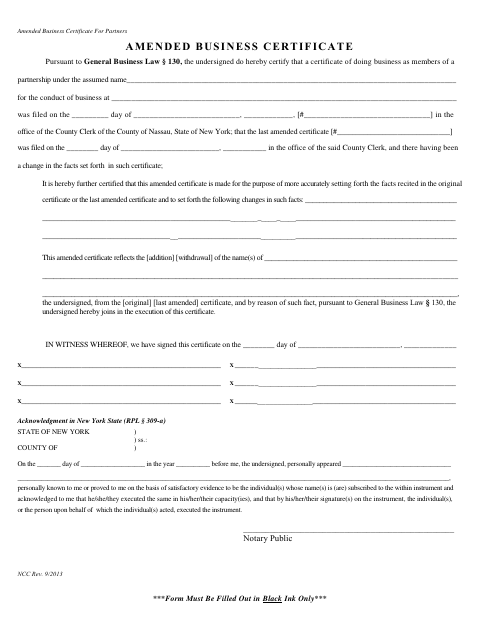 Amended Business Certificate for Partners, Nassau County form, first page