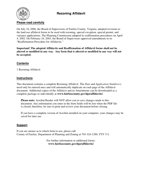 Rezoning Affidavit, Fairfax County form, first page