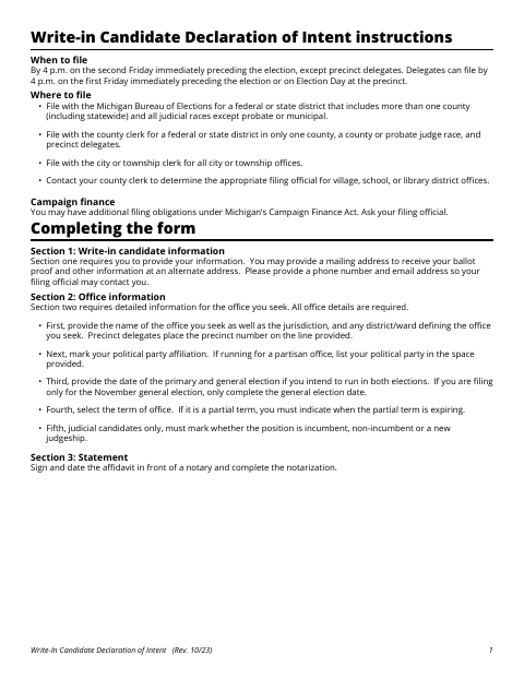 Write-In Candidate Declaration of Intent, Monroe County form, first page