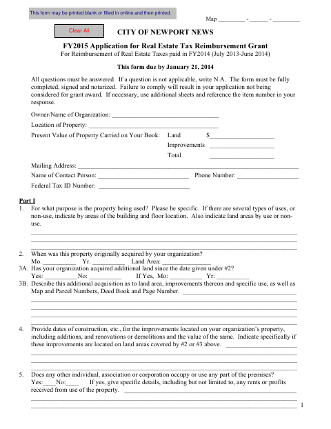 Application For Real Estate Tax Reimbursement Grant, City of Newport News form, first page