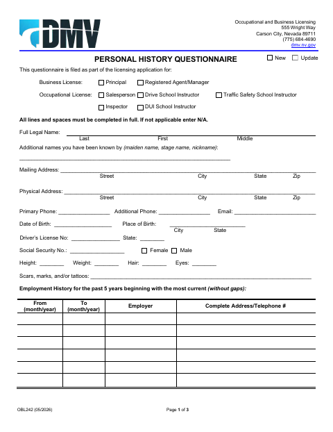 OBL242 Personal History Questionnaire first page
