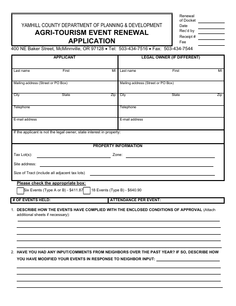 Agri-Tourism Event Renewal Application, Yamhill County form, first page