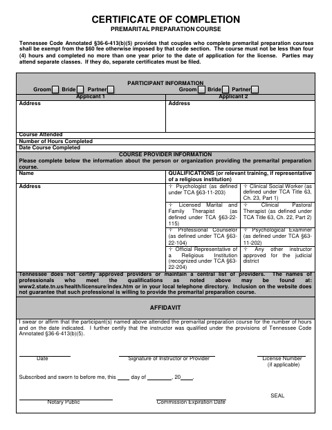 Premarital Preparation Course Certificate of Completion, Marshall County form, first page