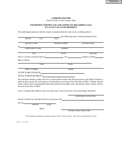 Exemption Certificate and Affidavit Regarding Sale to an Out-of-State Resident, Lucas County form, first page