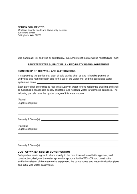 Private Water Supply Well Two-Party Users Agreement, Whatcom County form, first page