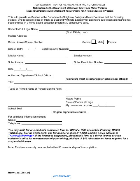 HSMV 72871 Home Education Student Compliance Notification first page