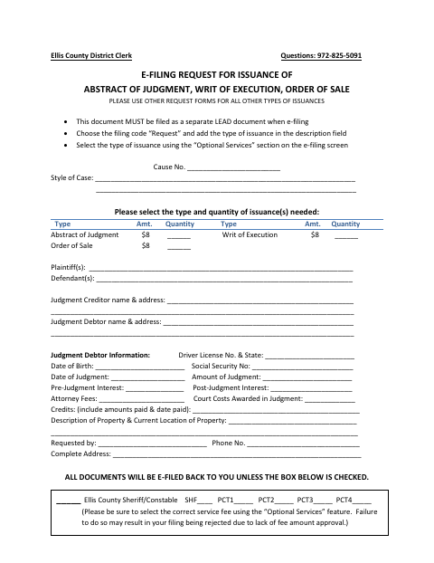 First page of the Request for Issuance of Abstract of Judgment, Writ of Execution, or Order of Sale