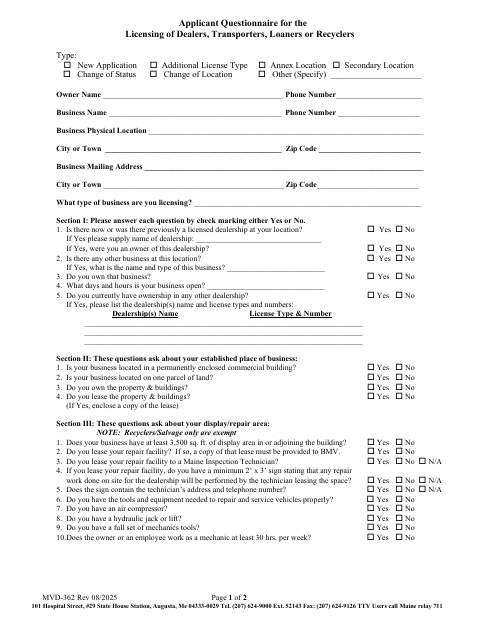 MVD-362 Applicant Questionnaire for Dealer Licensing first page
