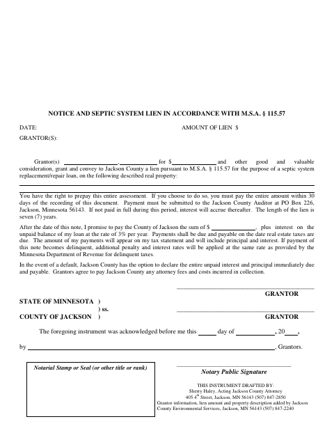 Septic System Lien, Jackson County form, first page
