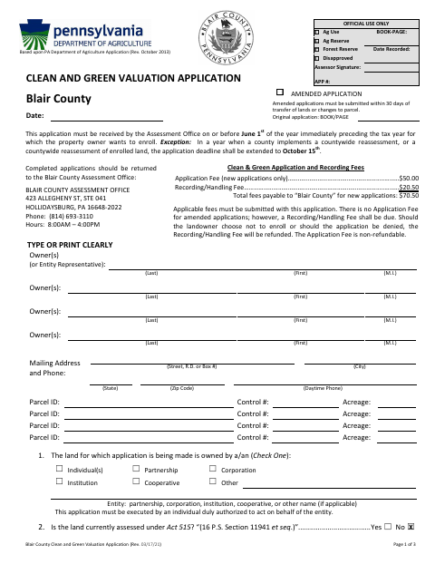 Clean And Green Valuation Application, Blair County form, first page