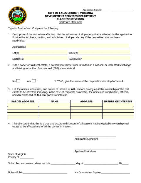 Disclosure Statement, City of Falls Church form, first page