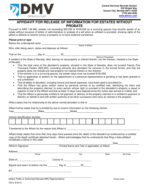 IR016 Affidavit for Release of Information for Estates Without Probate first page