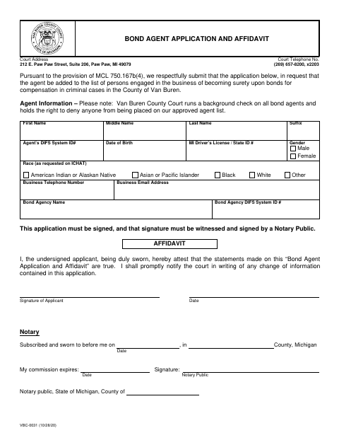 Bond Agent Application and Affidavit, Van Buren County form, first page